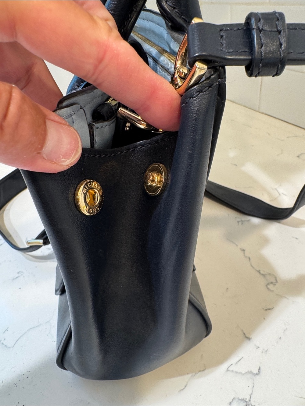 Michael Kors Navy Leather Satchel with Gold Hardware - Picture 8 of 16